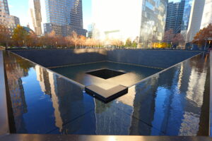 The north reflecting pond at the WTC. A large square pond/fountain etched with names of victims