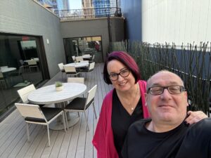 Mardi and michael, selfie, on the rooftop of their hotel in NYC