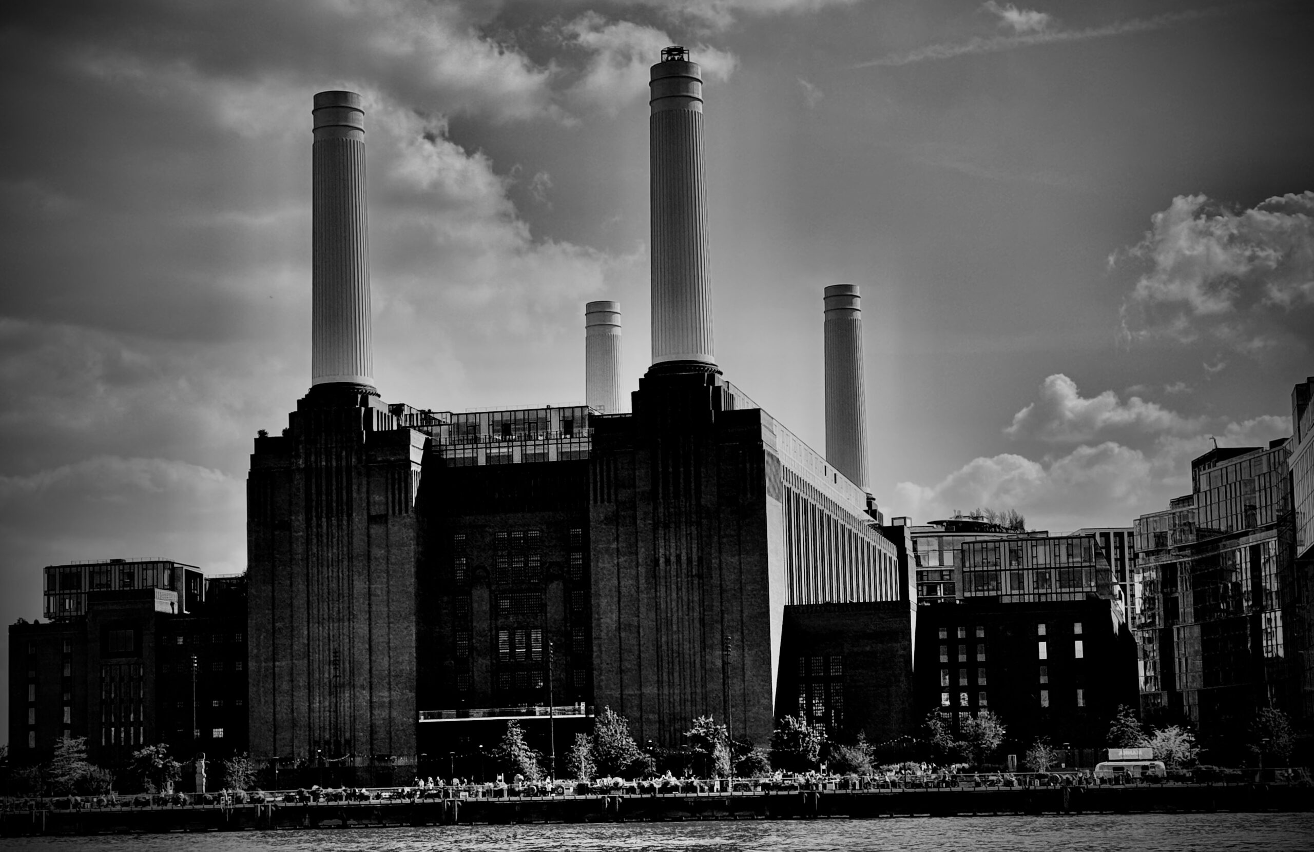 A black and white rendering from across the Thames