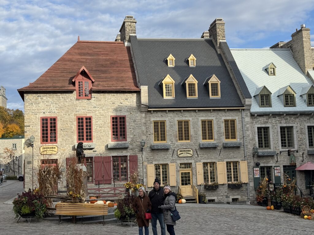 Buildings in Quebec’s centre square. Their A framed roof tops are very steep, 18 feet of snow falls here each winter
