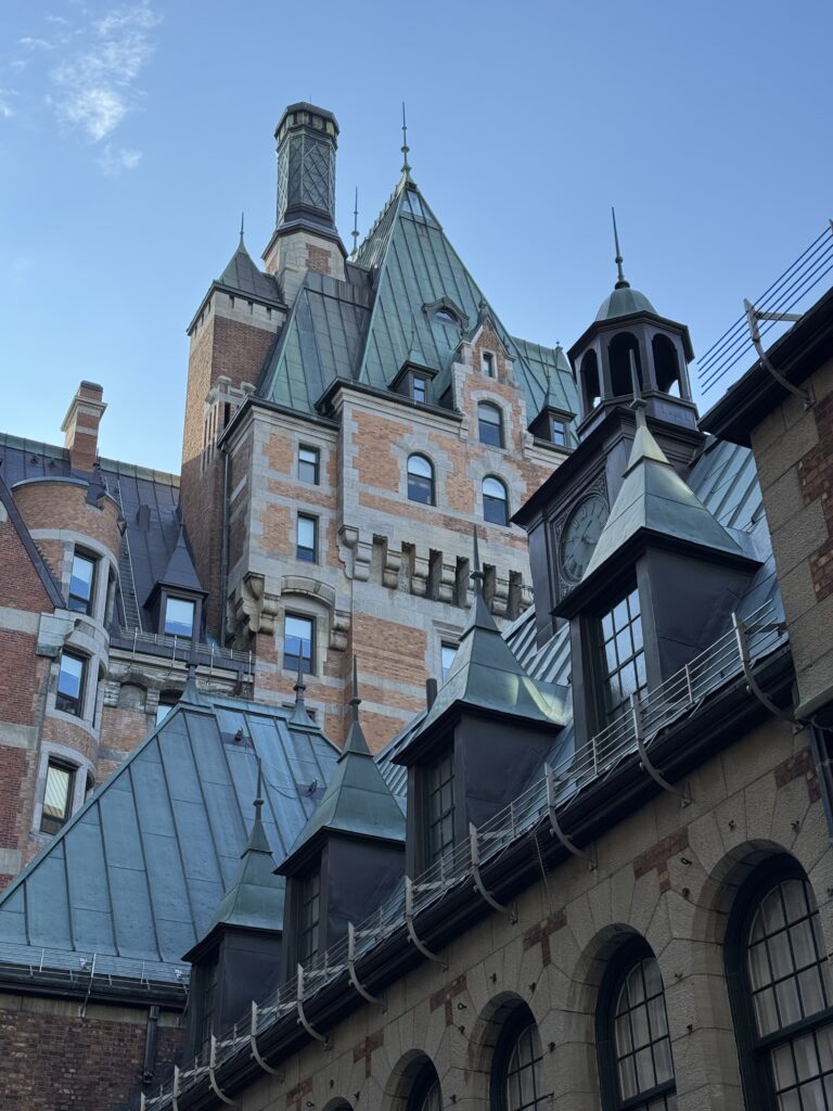 The tops of buildings. An artistic shot showing off their steep a frame