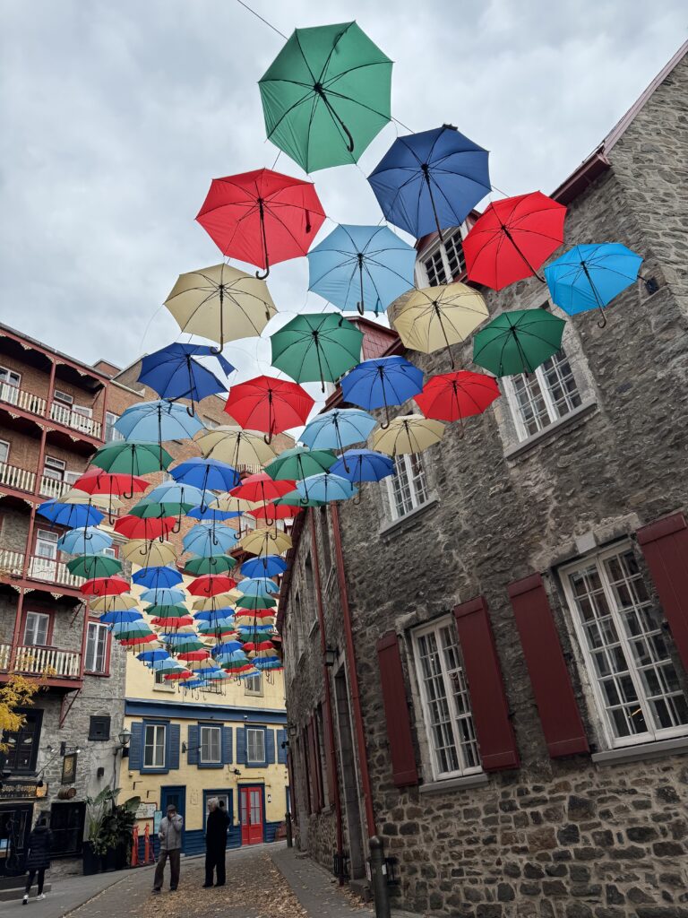 Multi coloured umbrellas hang in a curved street. They are 25 feet off the ground the form a pattern. 4 across and 15 rows of them.