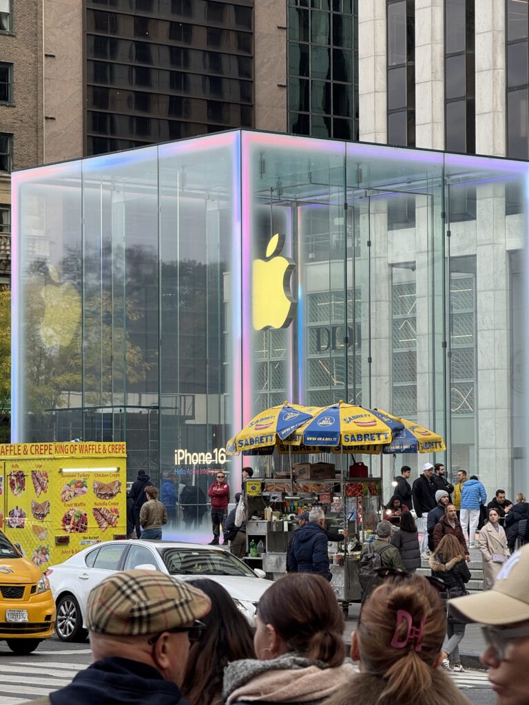 The Apple Store, a square glass cube is the entrance