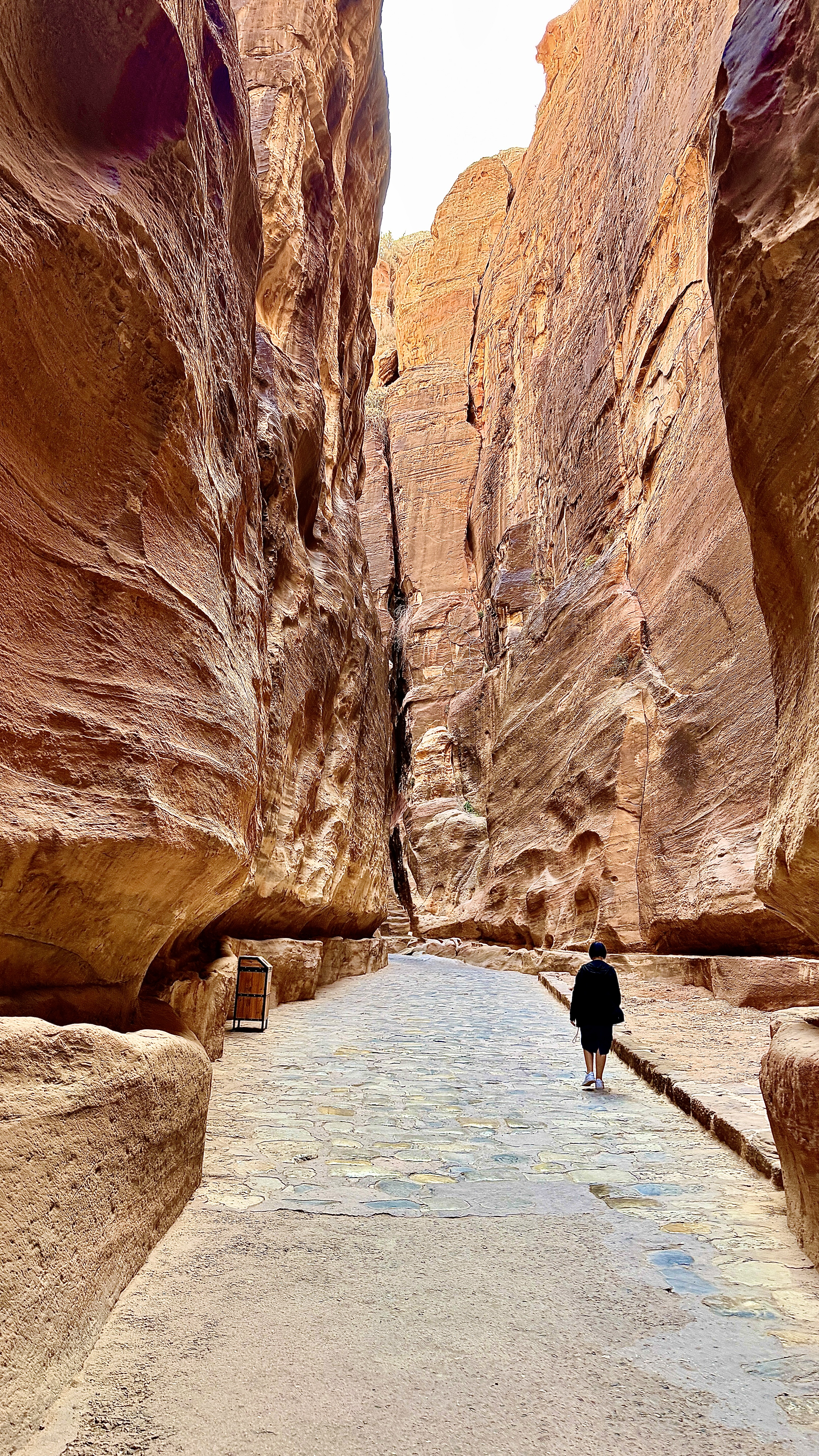 Marty alone figure on the right Justin black walks with white sneakers along the Roman cobblestone path between two massive sandstone canyons the width between the two canyons is about 5 m the total Petra that shows the norman of the canyons at Petra